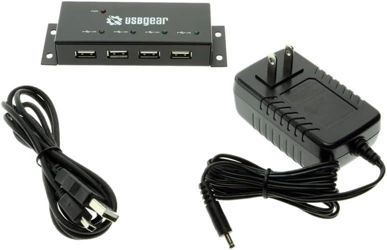 imageUSBGear 4 Port USB 20 Mini Metal Hub with Mounting Flanges 480Mbps Data Transfer LED Port Indicators Includes Power AdapterUSB Type A 480Mbps