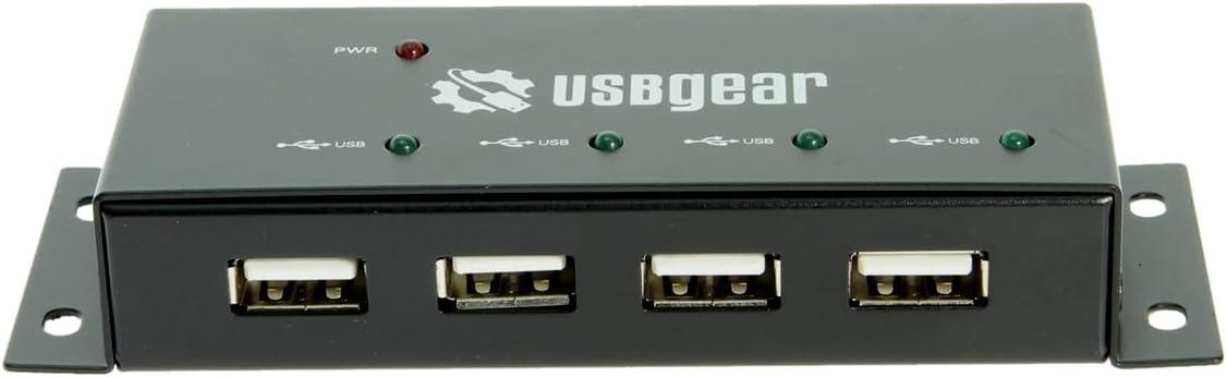 imageUSBGear 4 Port USB 20 Mini Metal Hub with Mounting Flanges 480Mbps Data Transfer LED Port Indicators Includes Power AdapterUSB Type A 480Mbps