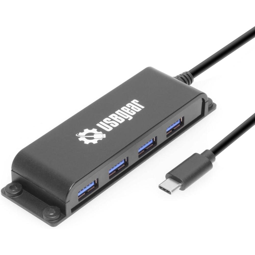imageUSBGear 4 Port USB 20 Mini Metal Hub with Mounting Flanges 480Mbps Data Transfer LED Port Indicators Includes Power AdapterUSB Type C 10Gpbs
