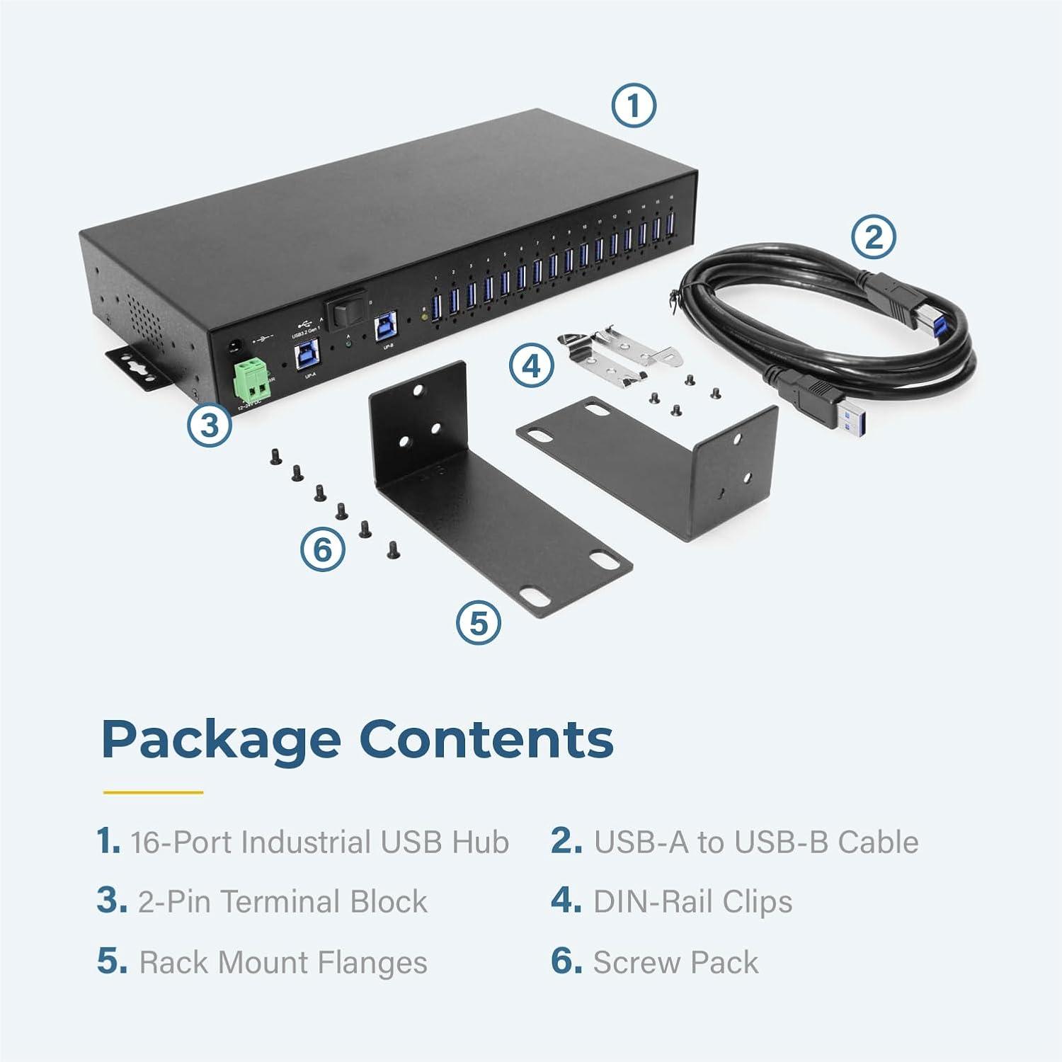 imageCoolgear 16 Port USB 32 Hub with Dual Upstream Ports Surge Protection Screw Lock Rack ampamp DIN Rail Mounting