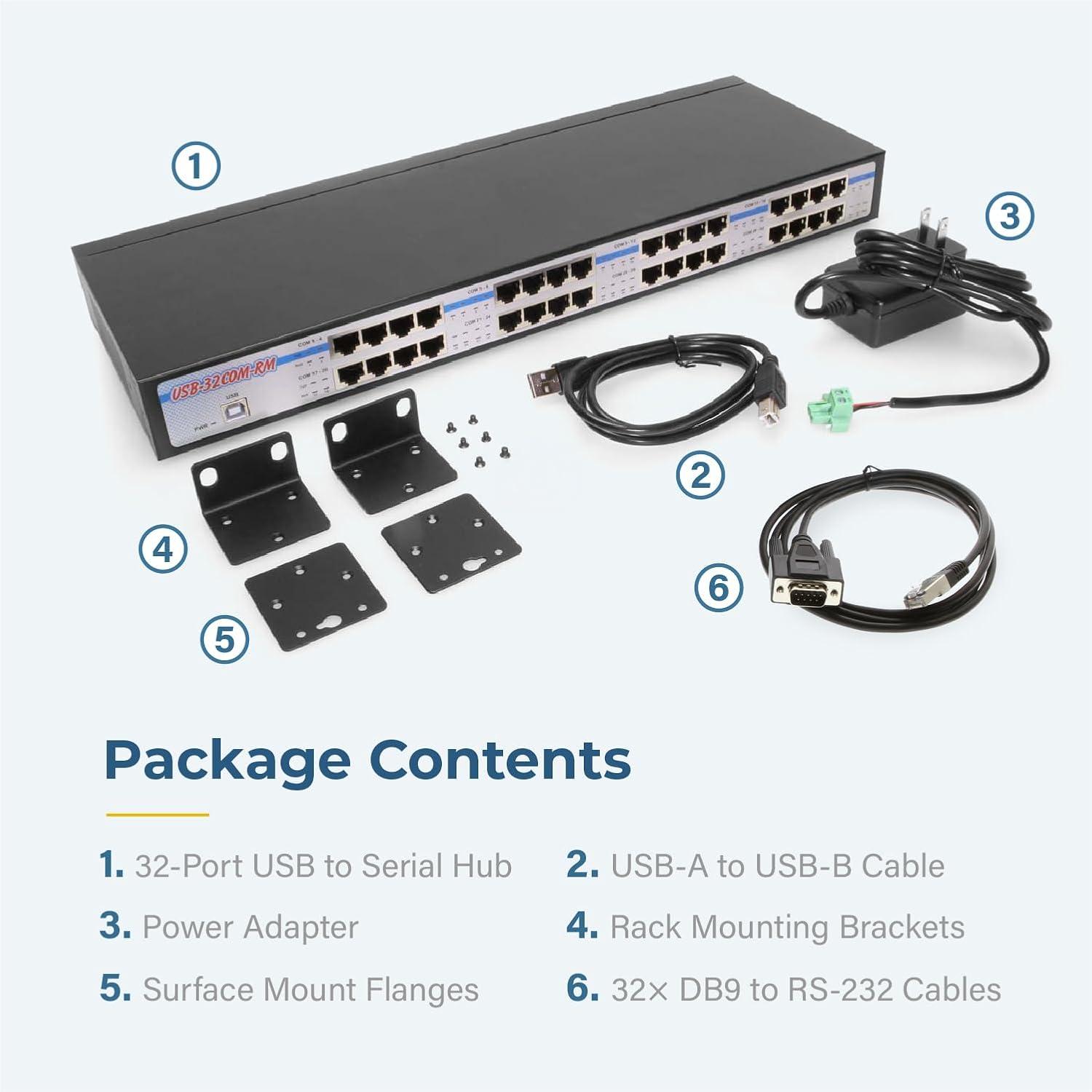 imageCoolgear 32Port USB to RS232 Serial Adapter  Rackmount DINRail FTDI Chipset Industrial Metal Case 1Mbps Surge Protected Compatible with Windows Linux Mac
