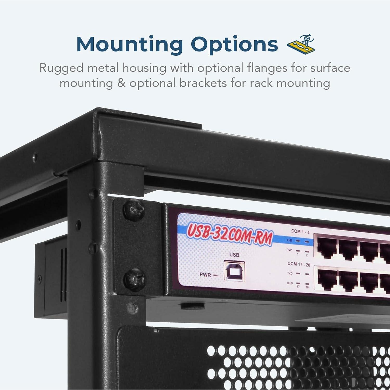 imageCoolgear 32Port USB to RS232 Serial Adapter  Rackmount DINRail FTDI Chipset Industrial Metal Case 1Mbps Surge Protected Compatible with Windows Linux Mac