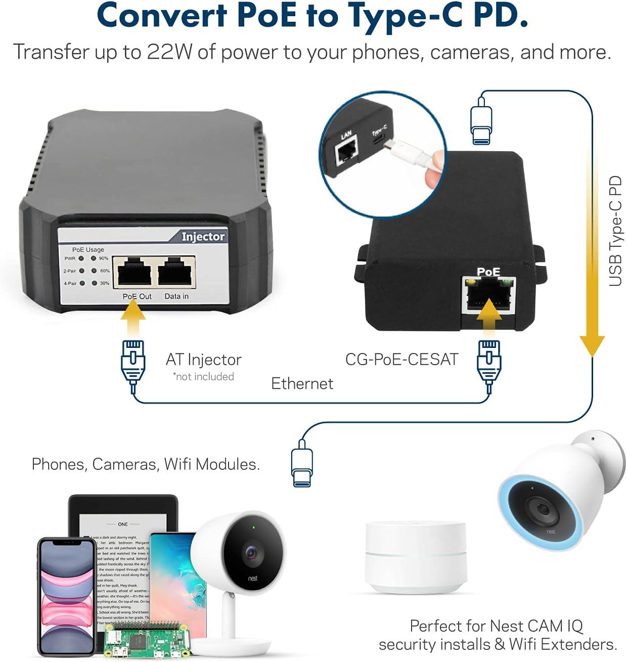 imageCoolgear PoE to USBC PD Power Adapter 22W with Gigabit Ethernet ampamp Smart Power Management for USB TypeC Tablets and Cell Phones