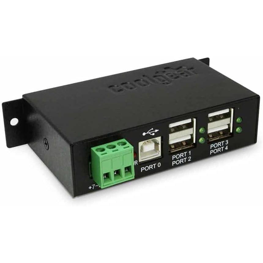 imageCoolgear Industrial 4Port Powered USB Hub Power Adapter Included 480mbps 724 VDC Input Port Status LEDs Rugged Housing Wall and Din Rail Mountable