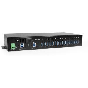 imageCoolgear 16 Port USB 32 Hub with Dual Upstream Ports Surge Protection Screw Lock Rack ampamp DIN Rail Mounting