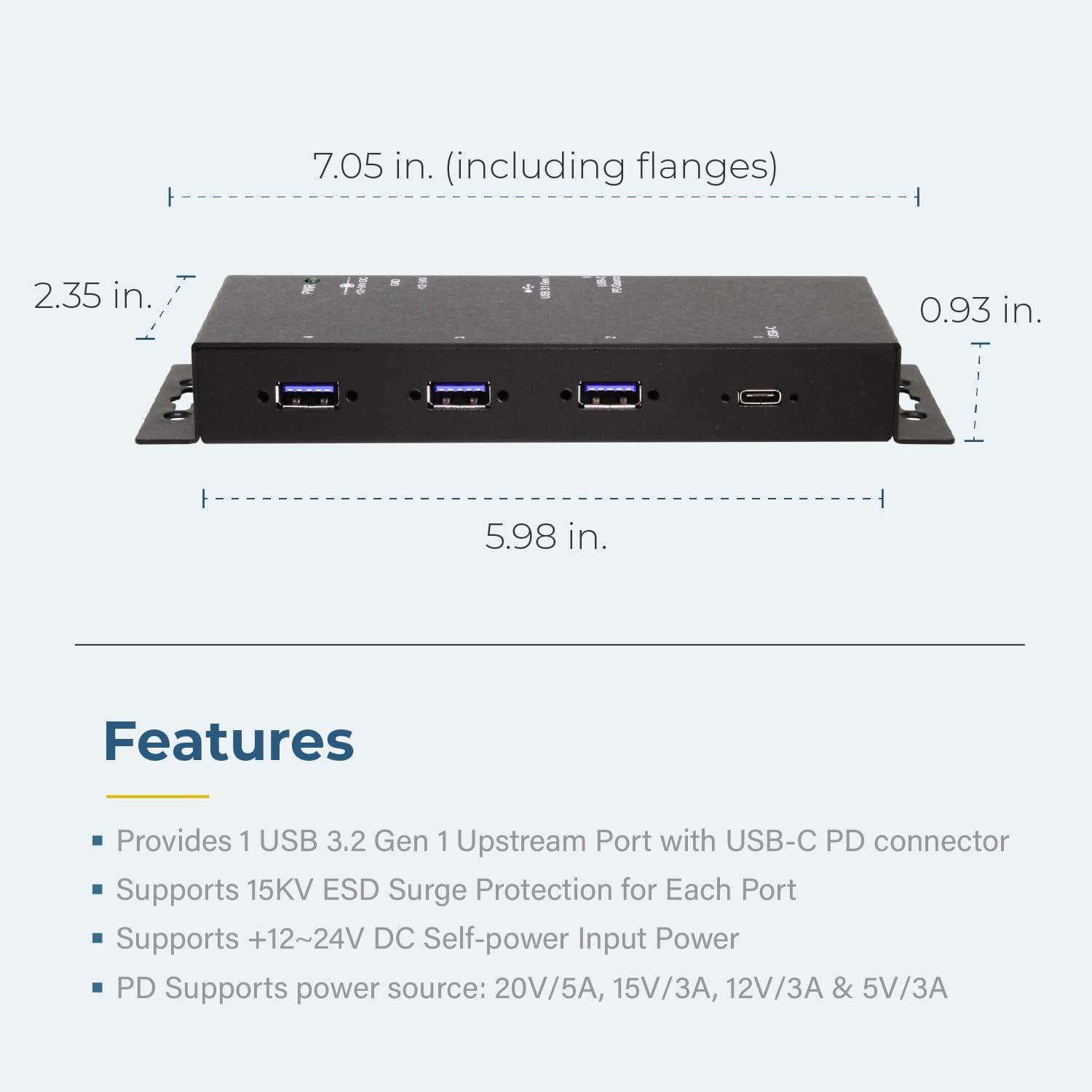 imageCoolgear Industrial 4 Port USB 32 Gen 1 TypeC Power Delivery Hub wSurge Protection Variable Voltage Input ampamp Surface Mountable